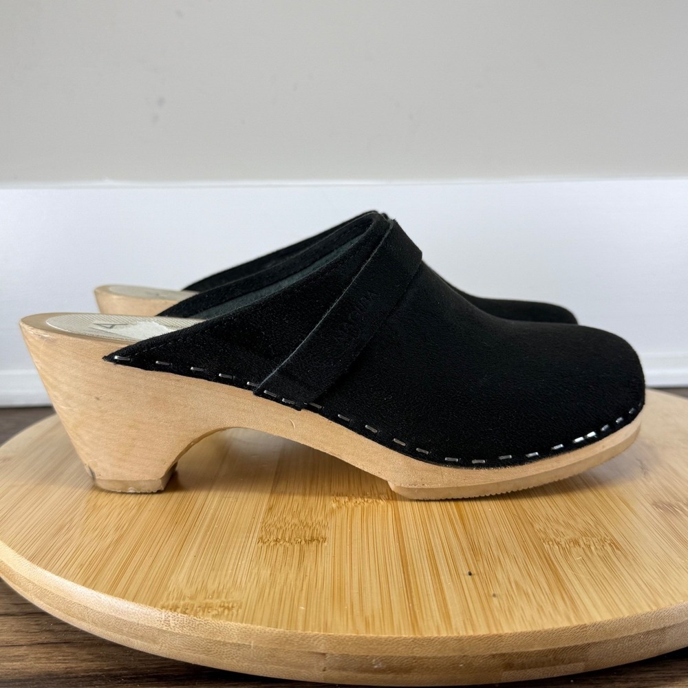Maguba Clog Mules Women 37 Black Suede Wood Stapled Swedish Shoes Boho Retro 70s